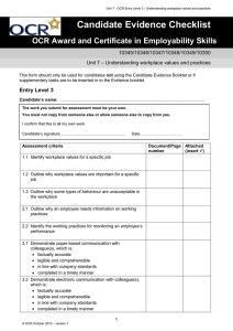 Candidate Evidence Checklist OCR Award and Certificate in Employability Skills