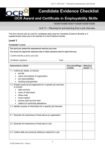 Level 1 - Unit 11 - Planning for and learning from a job interview - Evidence checklist (DOC, 82KB)