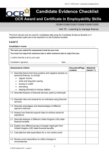 Level 2 - Unit 15 - Learning to manage finance - Evidence checklist (DOC, 67KB)