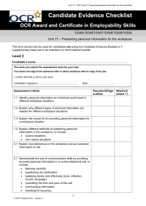 Level 2 - Unit 17 - Presenting personal information for the workplace - Evidence checklist (DOC, 71KB)
