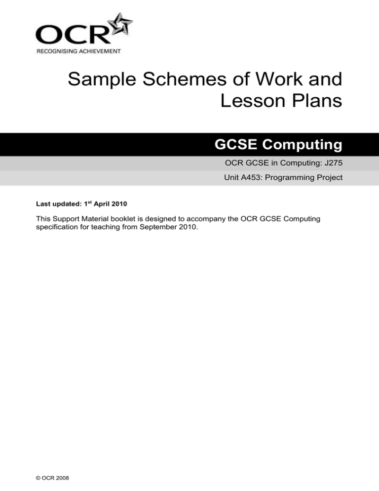 Unit A453 Programming project Sample scheme of work and lesson plan