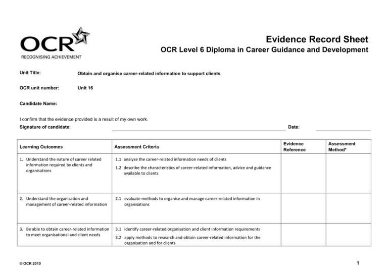 Level 4 Unit 16 Evidence Record Sheet DOC 120KB 