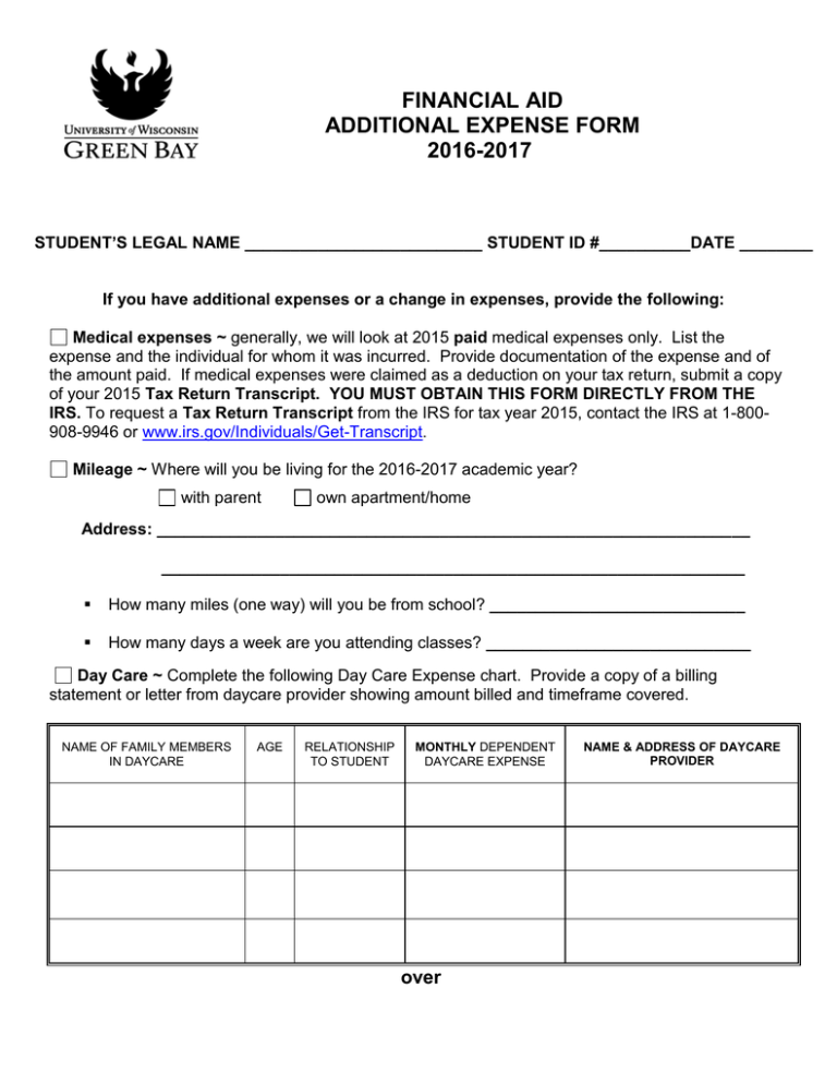 FINANCIAL AID ADDITIONAL EXPENSE FORM 2016 2017