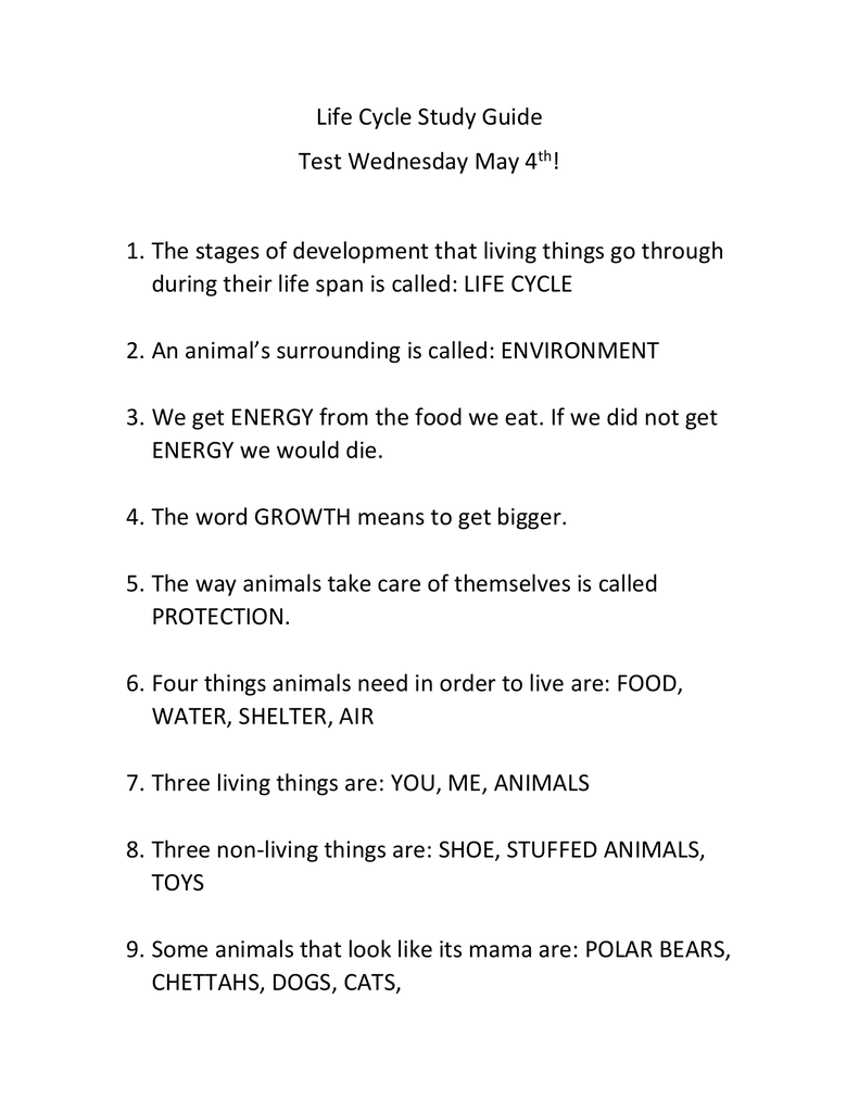 Life Cycle Study Guide Test Wednesday May 4