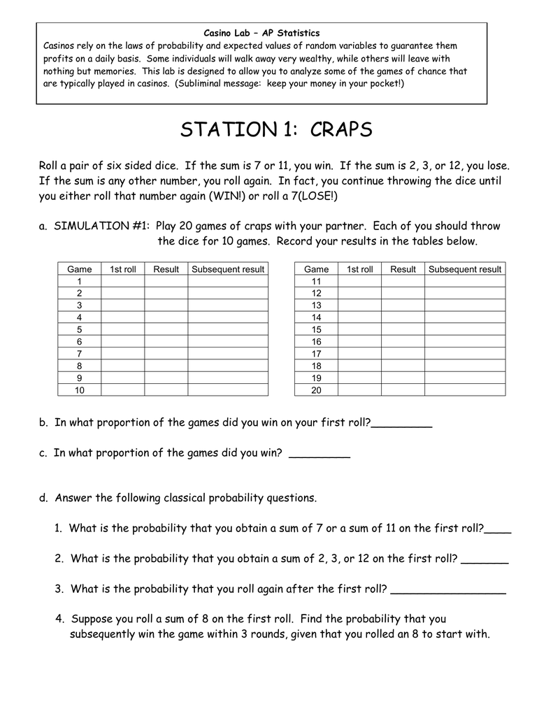 The Casino Lab Station 1 Craps Answers