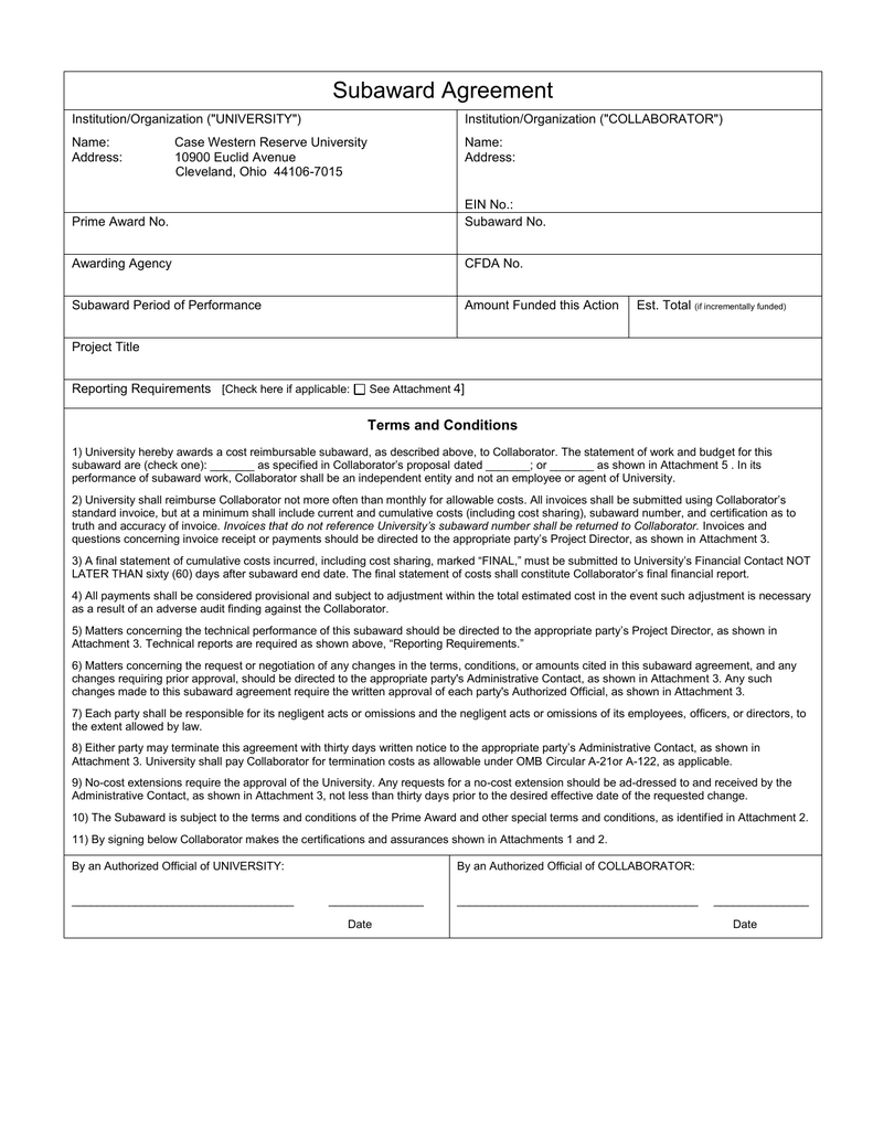 Subaward Agreement Template HQ Printable Documents