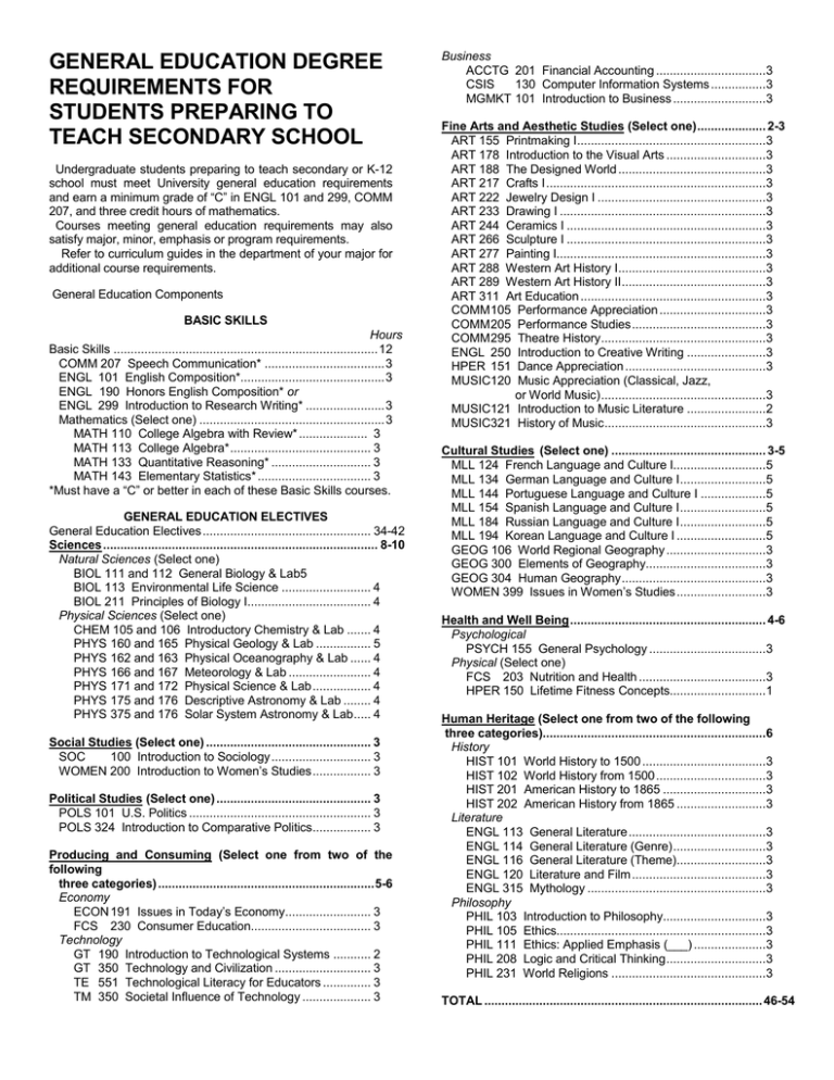 GENERAL EDUCATION DEGREE REQUIREMENTS FOR