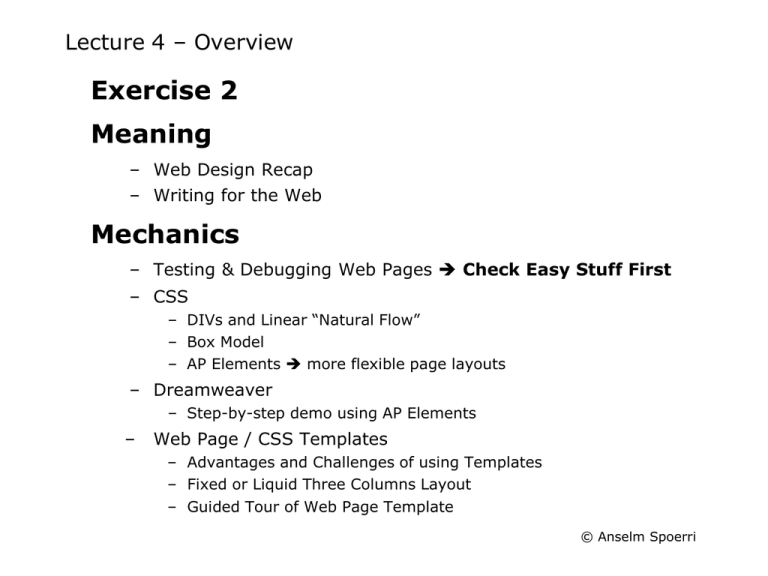 Exercise 2 Meaning Mechanics Lecture 4 Overview