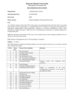 Banaras Hindu University RECOMMENDATION SHEET Department Advertisement No.