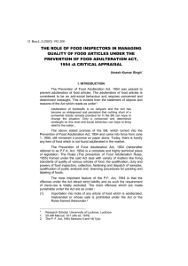 The Role of Food Inspectors in Managing Quality of Food Articles under the Prevention of Food Adulteration Act, 1954 : A Critical Appraisal