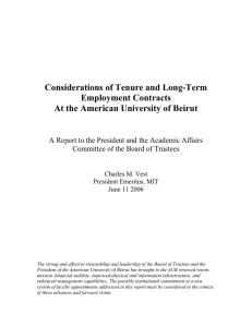 Vest Report on Tenure (“Considerations of Tenure and Long-Term Employment Contracts at the American University of Beirut” by Charles M. Vest), June 2006