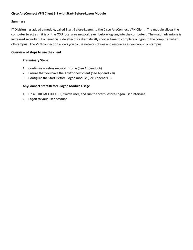 cisco anyconnect start before logon