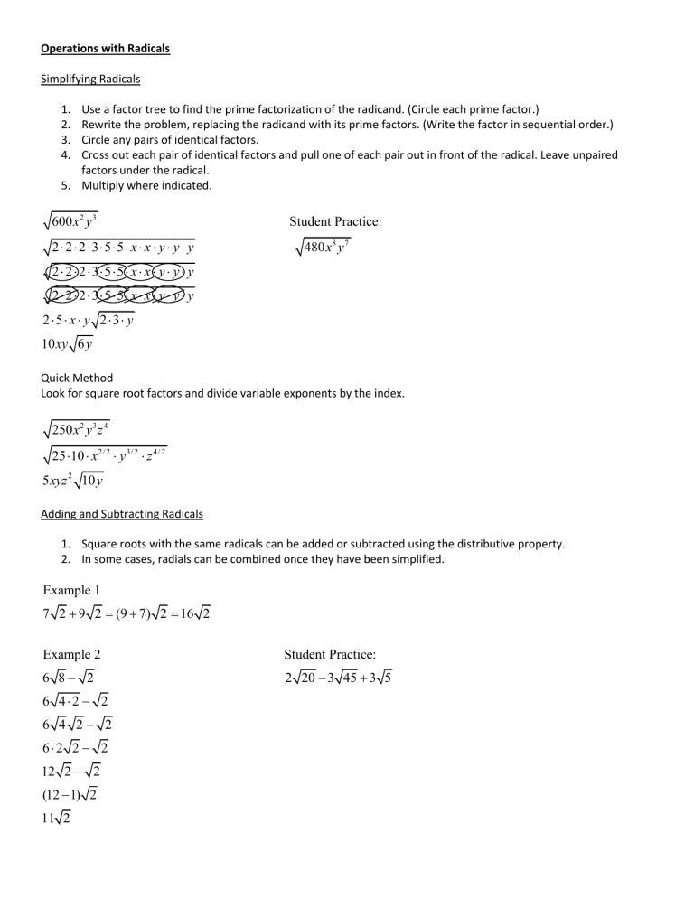 Operations With Radicals Simplifying Radicals