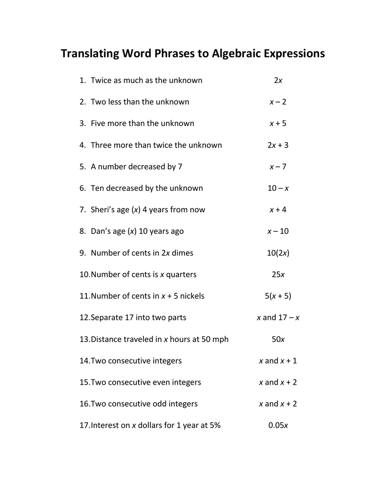 Translating Word Phrases to Algebraic Expressions Intended For Translating Algebraic Expressions Worksheet