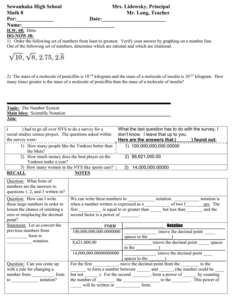 Math 8 Lesson Plan 8 Scientific Notation