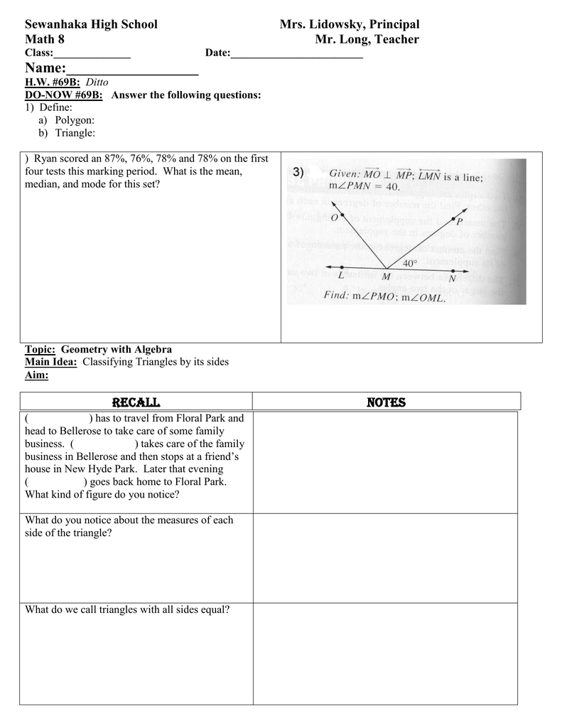 Math 8 Lesson Plan 69b Classifying Triangles By Its Sides Class Outline Doc