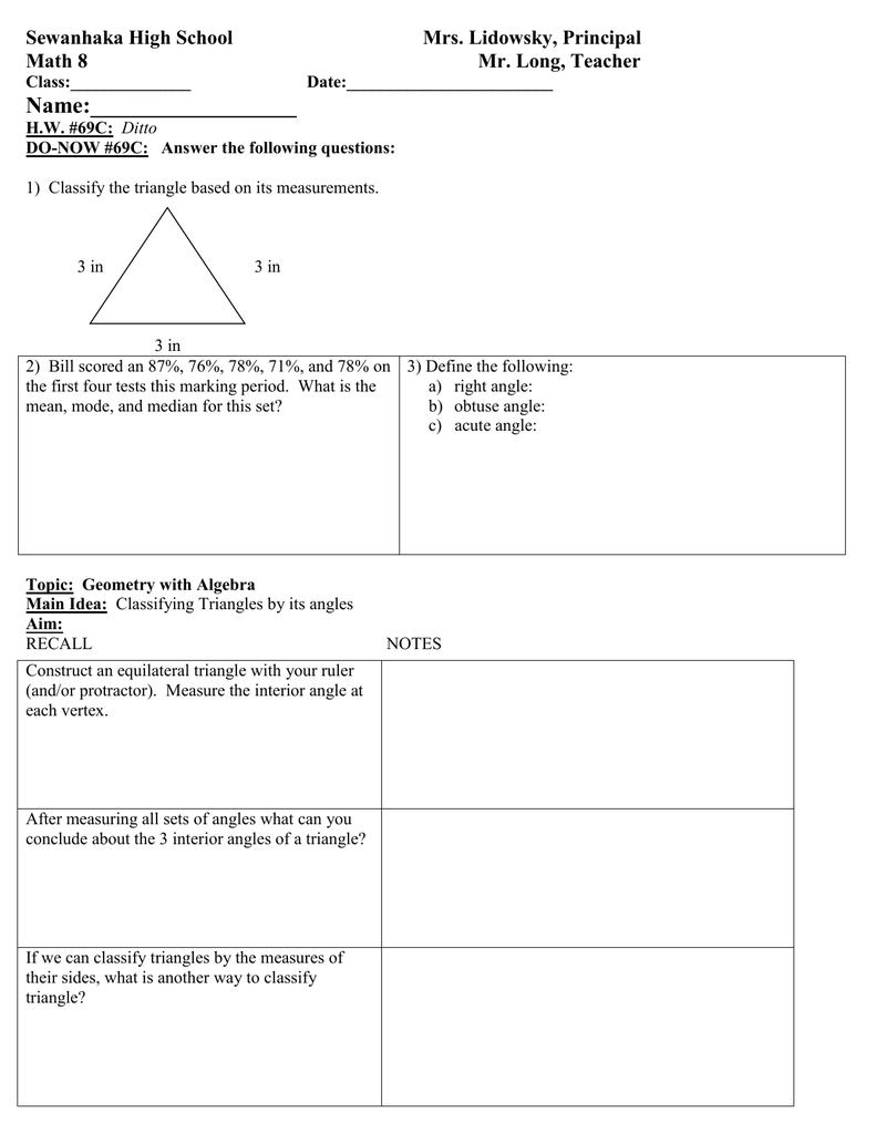 Math 8 Lesson Plan 69c Angles In Triangles Class Outline For