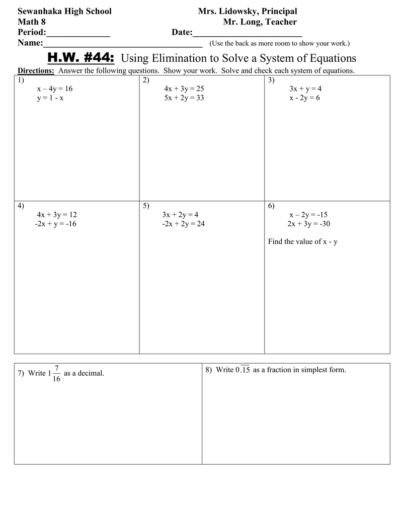 Math 20 HW 20 Using Elimination to solve a System of Equations.doc Pertaining To Solving System By Elimination Worksheet