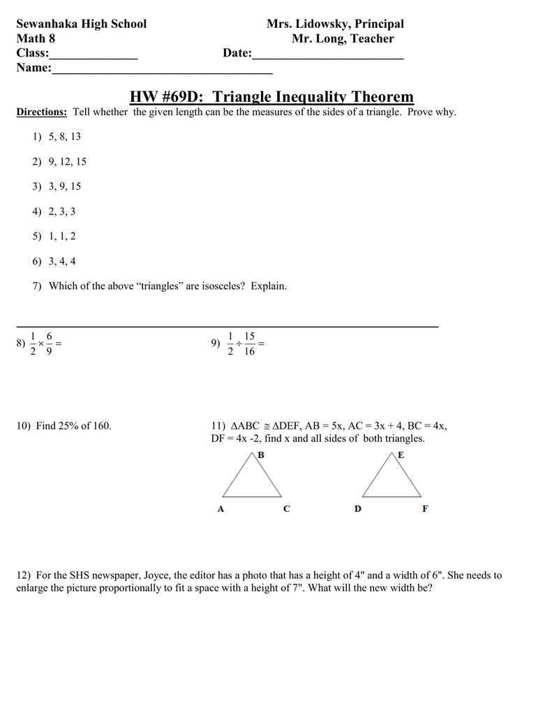 Math 8 Hw 69d Triangle Inequality Theorem Doc