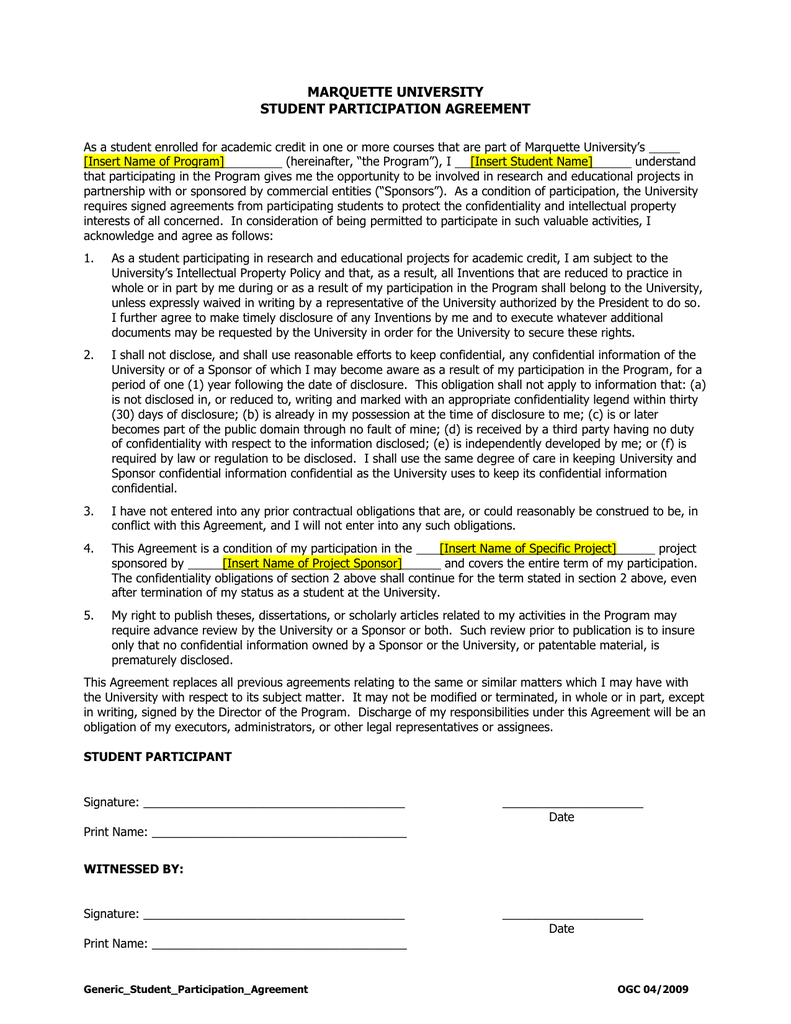 Student Participation Agreement Throughout program participation agreement template