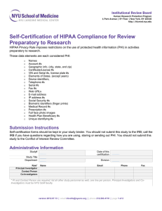 Self-Certification of HIPAA Compliance for Review Preparatory to Research