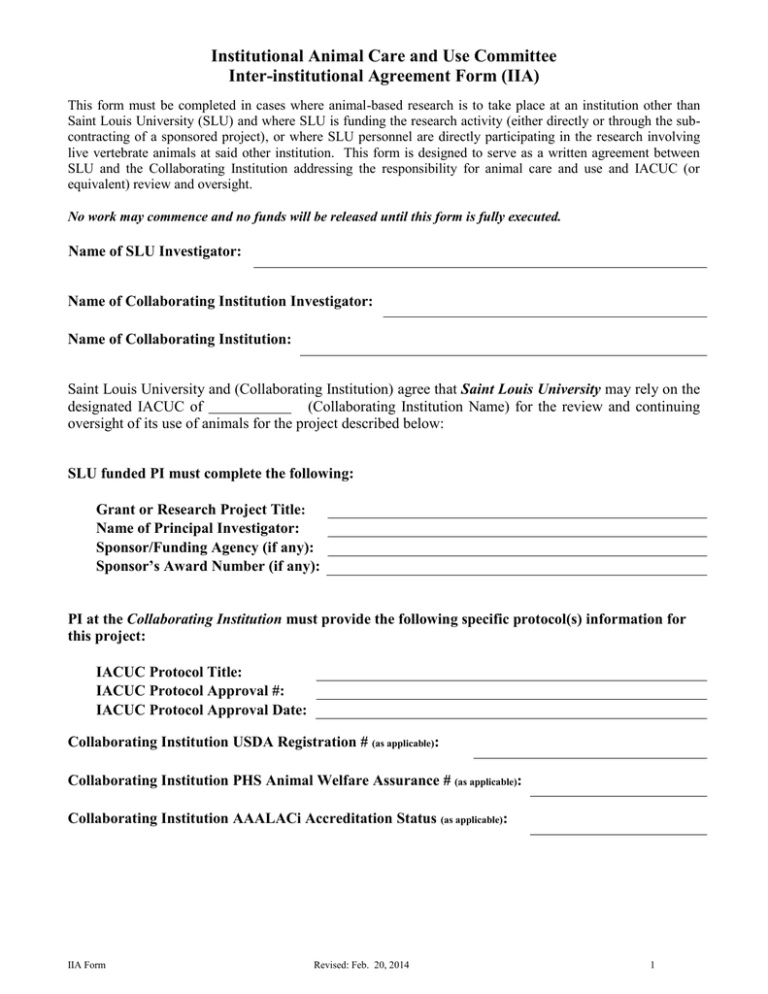 Animal Care Inter-Institutional Agreement Form