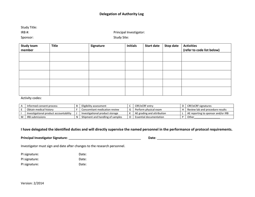 Delegation of Authority Log