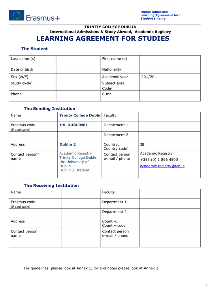Erasmus Learning Agreement Template