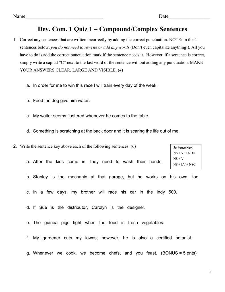 DC 1 Quiz 1 Compound Complex Sentences SAMPLE docx