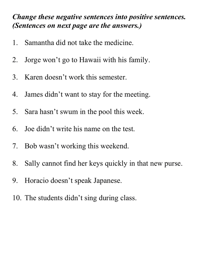 Negative And Positive Sentences Exercises