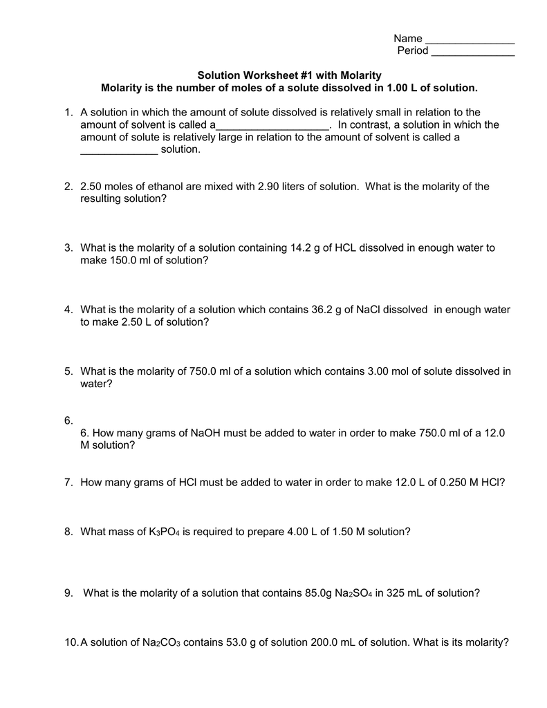 Molarity Worksheet Answer Key
