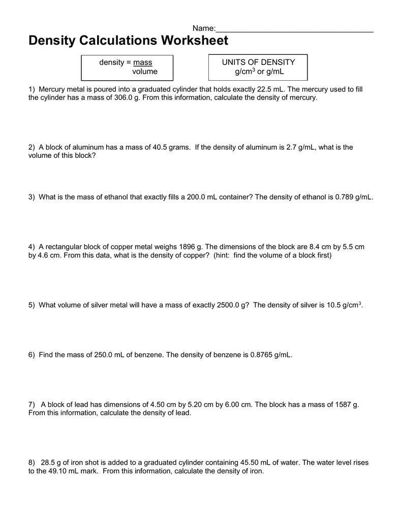 Density equation with ws Regarding Density Worksheet Chemistry Answers