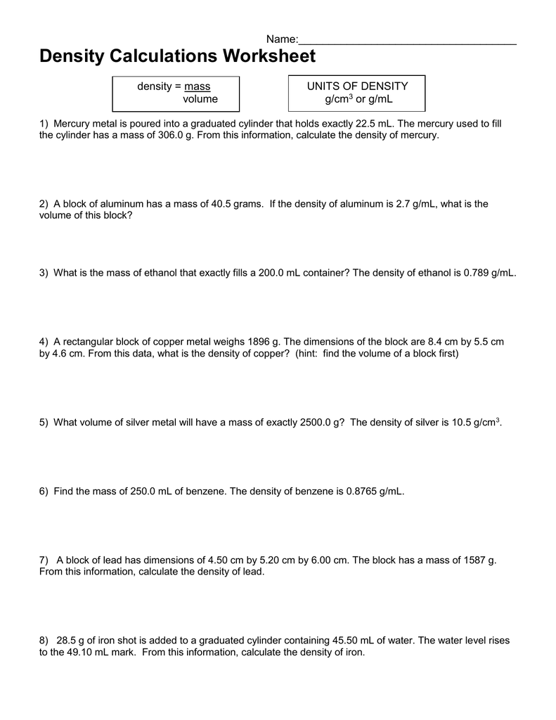 Density equation with ws With Regard To Density Calculations Worksheet Answer Key