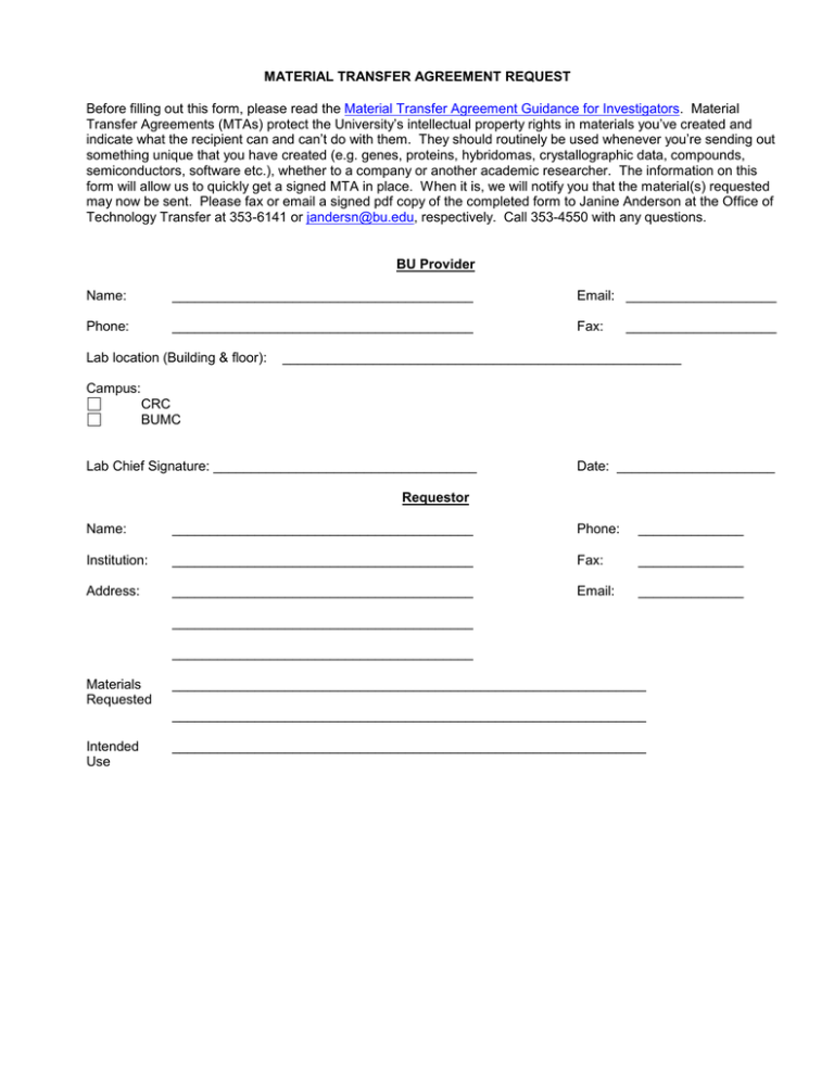 MATERIAL TRANSFER AGREEMENT REQUEST MATERIAL TRANSFER AGREEMENT REQUEST