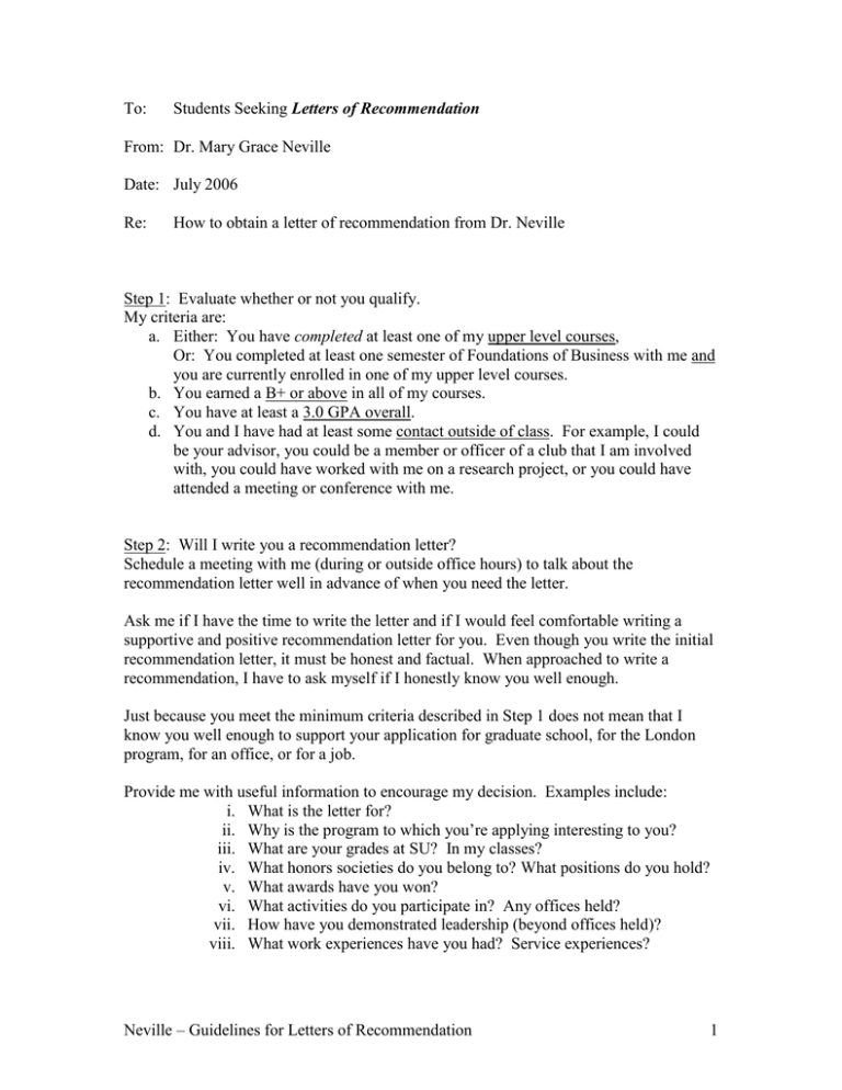 Guidelines for Letter of Recommendation