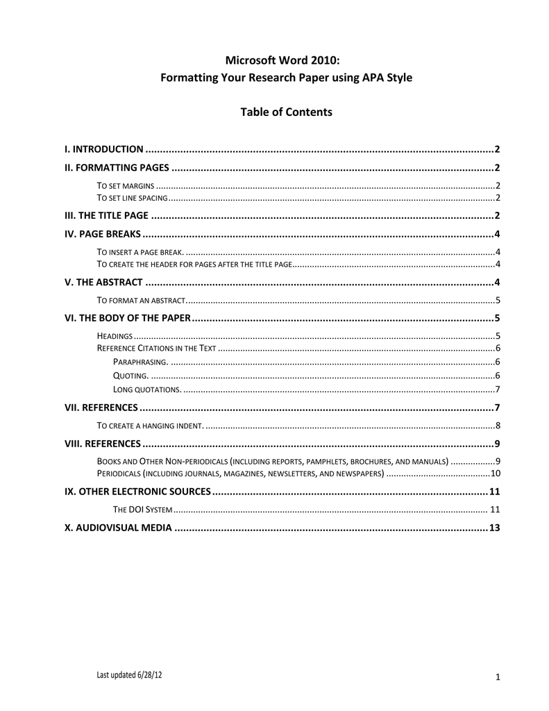 insignă Greşeală Dependent apa standards table of content Pertaining To Apa Research Paper Template Word 2010