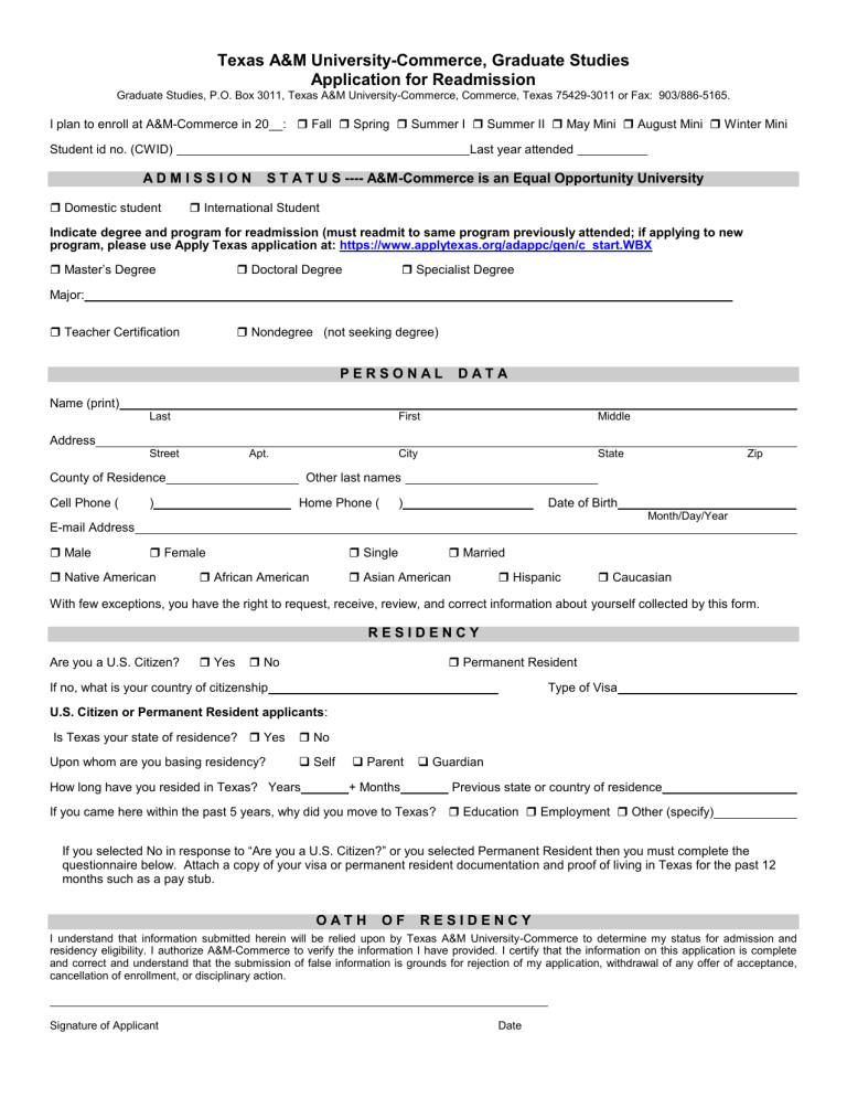 Readmission Application Readmission Application