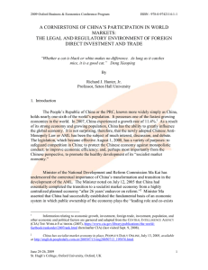 A Cornerstone Of China’s Participation In World Markets: The Legal And Regulatory Environment Of Foreign Direct Investment And Trade