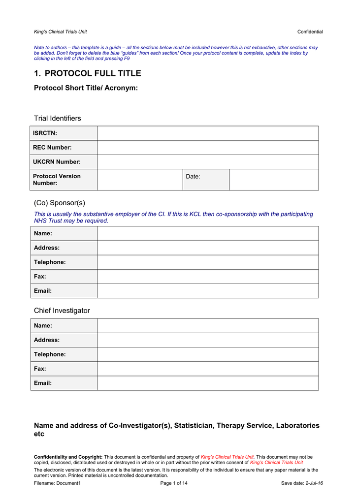 Clinical Protocol Template TUTORE ORG Master Of Documents