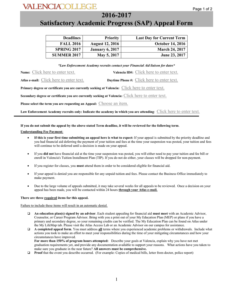 20162017 Satisfactory Academic Progress (SAP) Appeal Form