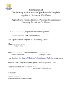 Notification of Disciplinary Action and/or Open Formal Complaint