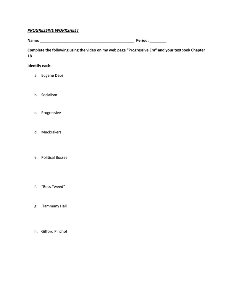 PROGRESSIVE WORKSHEET In The Progressive Era Worksheet