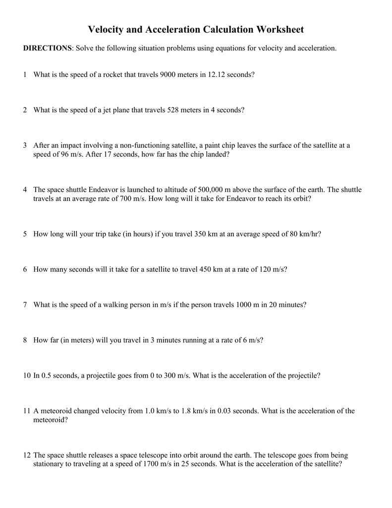 Velocity and Acceleration Calculation Worksheet Regarding Velocity And Acceleration Worksheet