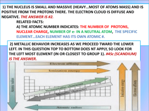 1) THE NUCLEUS IS SMALL AND MASSIVE (HEAVY…MOST OF ATOMS... POSITIVE FROM THE PROTONS THERE. THE ELECTRON CLOUD IS DIFFUSE...