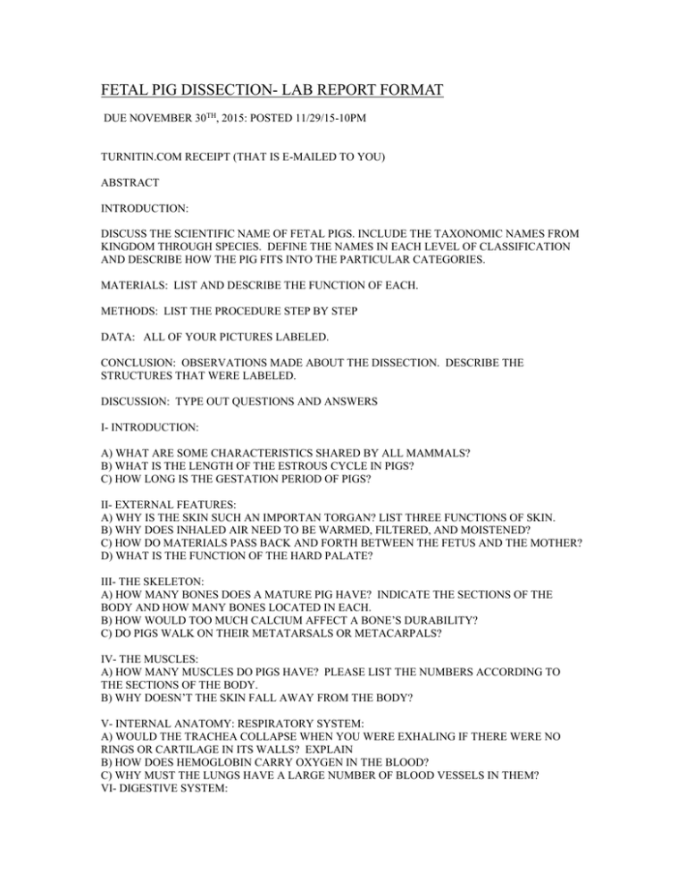 FETAL PIG DISSECTION LAB REPORT FORMAT