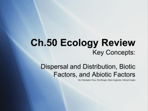 Ch.50 Ecology Review Key Concepts: Dispersal and Distribution, Biotic Factors, and Abiotic Factors