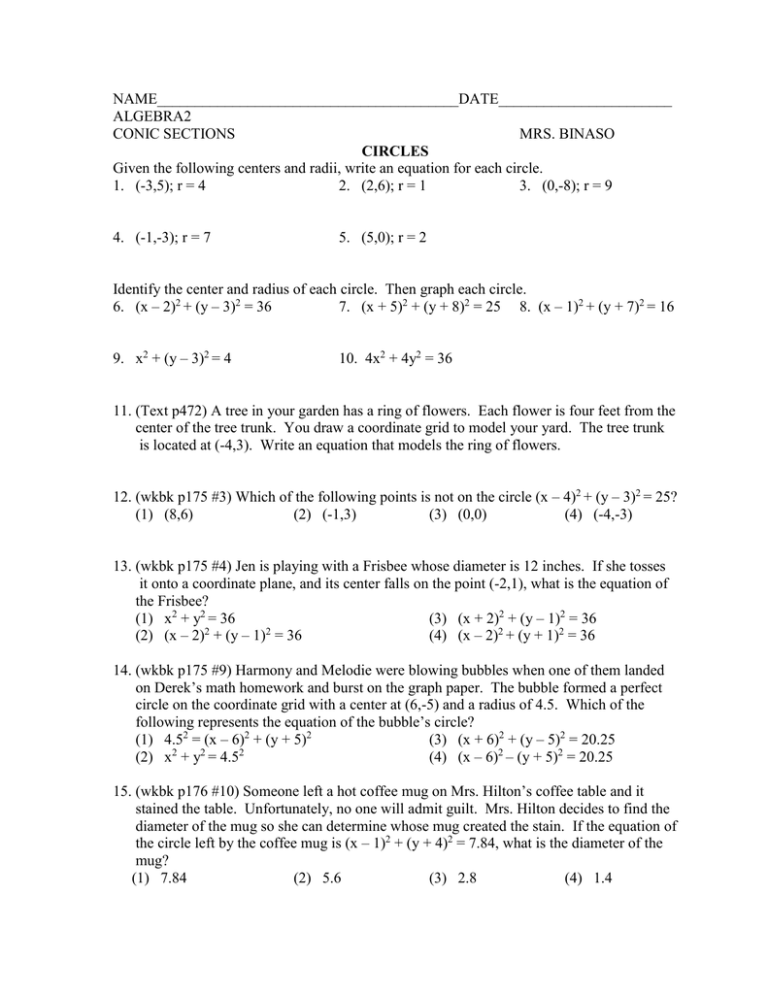 Name Date Algebra2 Conic Sections