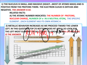 1) THE NUCLEUS IS SMALL AND MASSIVE (HEAVY…MOST OF ATOMS... POSITIVE FROM THE PROTONS THERE. THE ELECTRON CLOUD IS DIFFUSE...