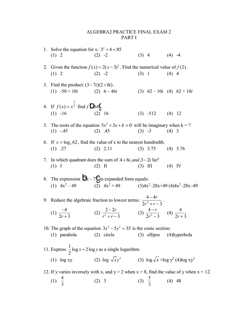 Algebra2 Practice Final Exam 2 Part I