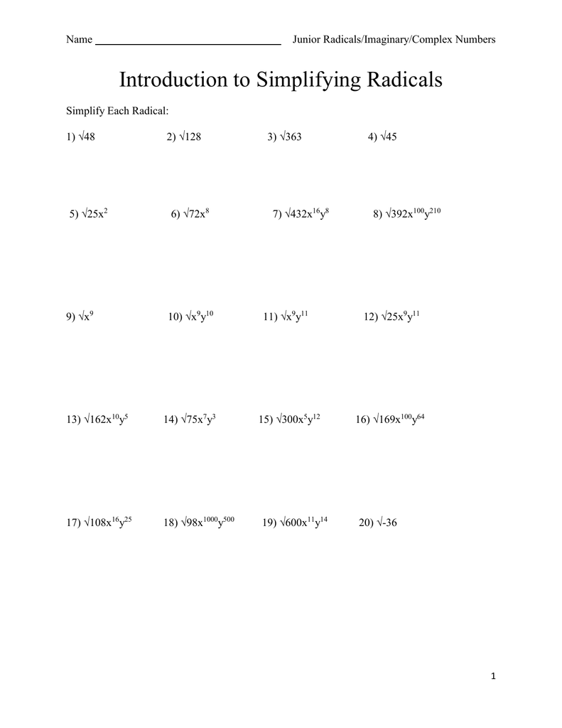 Introduction to Simplifying Radicals With Complex Numbers Worksheet Pdf